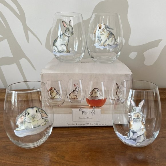 Pier 1 Dining Pier Imports Stemless Bunny Rabbit Wine Glasses Set